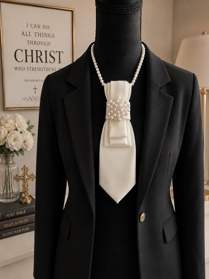 May include: A black blazer worn over a black garment, featuring a white satin necktie accessory. The tie is adorned with a central cluster of white pearls and clear crystals, suspended from a strand of white pearls worn around the neck.