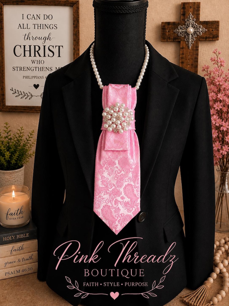 May include: A black blazer worn with a pink paisley patterned necktie featuring a large circular brooch made of white pearls and clear crystals. The tie is suspended from a white pearl necklace worn around the neck of a black mannequin torso.