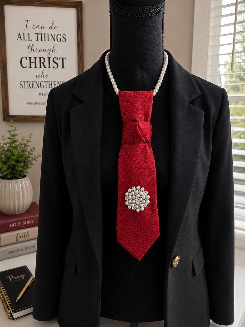 May include: A black blazer worn over a black top, featuring a red necktie with a subtle textured pattern. The tie is accented with a round brooch composed of small white pearls and clear crystals, and a strand of white pearls encircles the neck.