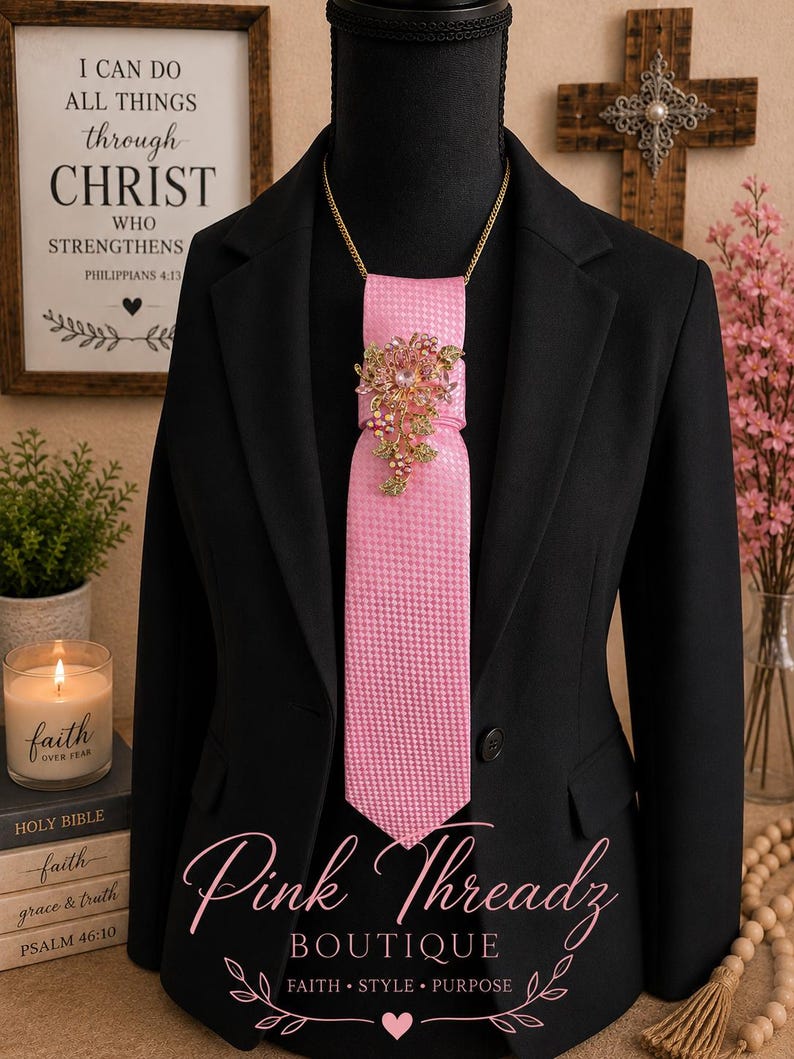 May include: A pink necktie with a subtle houndstooth pattern, featuring a gold-tone floral brooch with pink and clear crystals at the knot. The tie is displayed on a black mannequin wearing a black blazer, with the text Pink Threadz BOUTIQUE visible.