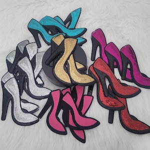 Assorted Sequins High-Heeled Iron-On Patch, Pink Embroidered Iron-On Patch