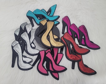 Sequin High Heel Iron-On Patch, 1 Piece Pink Embroidered Applique