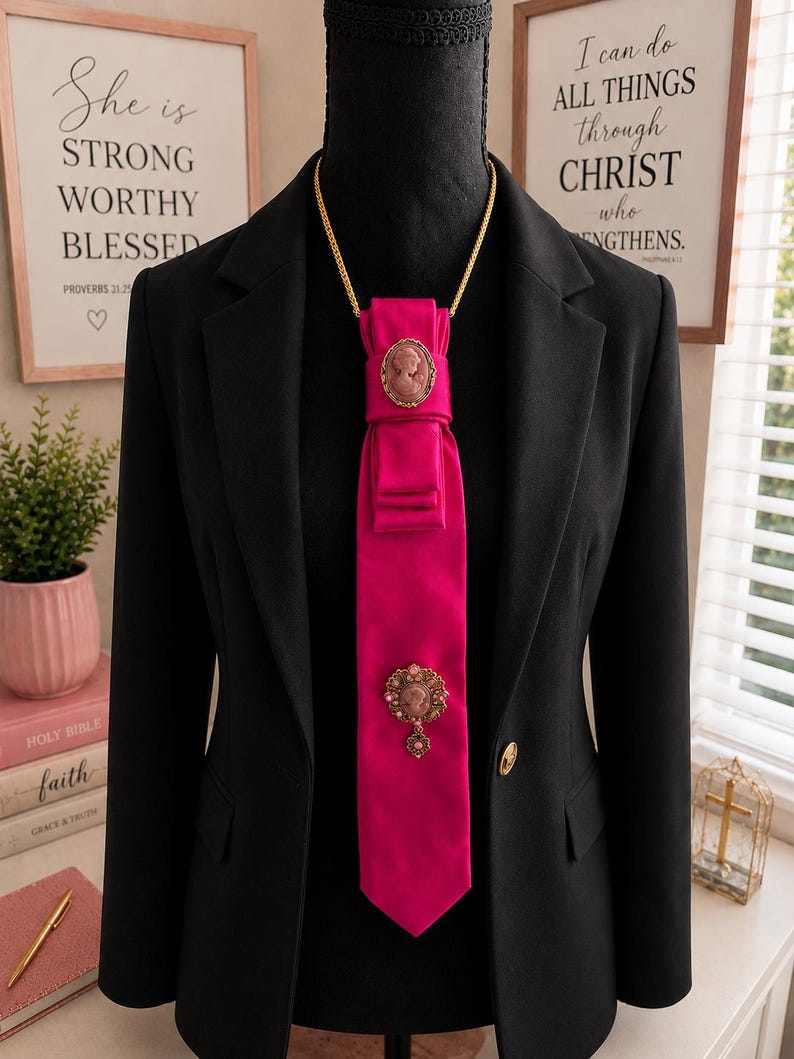 May include: A black blazer worn with a bright pink satin necktie featuring a gold chain necklace. The tie is adorned with two oval and circular cameo brooches in muted pink and gold tones, featuring intricate filigree details and small accents.