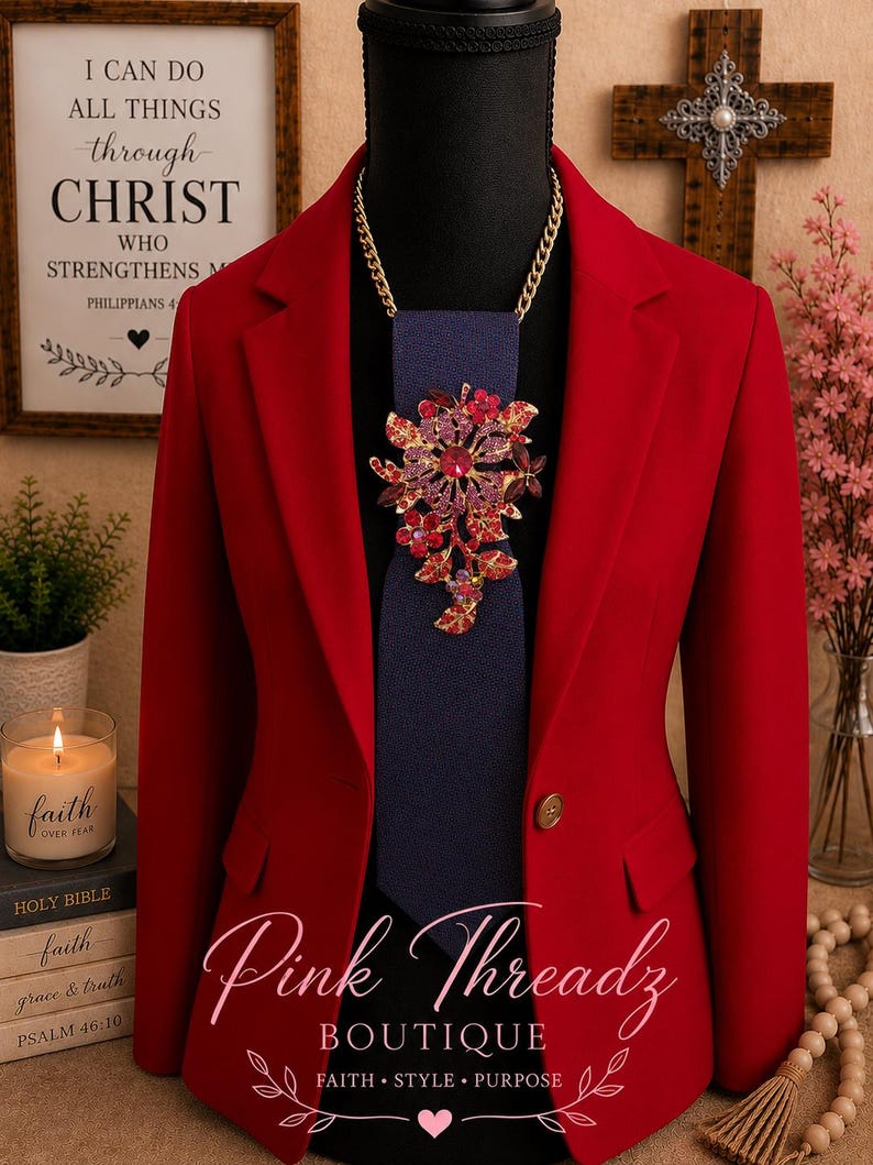 May include: A vibrant red blazer worn over a dark blue necktie. The tie is adorned with a large, ornate floral brooch featuring pink, purple, and red crystals. A gold-toned chain necklace secures the brooch and tie around the neck of the mannequin.