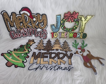 Give Thanks, Joy To The World, Reindeer, Christmas Tree, Merry Christmas Sequin Iron-On Patches