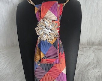 Handcrafted Luxe Brooch Silk NeckTie Necklace, Statement Jewelry