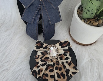 Handcrafted Denim & Leopard Brooch Bowknots, Statement Neck Pieces for Women