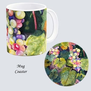 MUG & COASTER Sublimated with Original Hand Painted Watercolors Grapevine #14