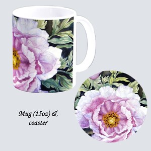 MUG & COASTER Sublimated with Original Hand Painted Watercolors Peony #5