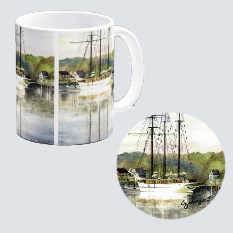 MUG & COASTER Sublimated with Original Hand Painted Watercolors Mystic Mooring #10