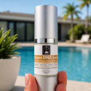 May include: A 30 ml bottle of Salmon DNA Serum with a silver cap and pump dispenser. The white label features the text Salmon DNA Serum, PDRN + Hyaluronic Acid 1%, Rejuvenation-Hydrating-Firming-Youthful, The Korean Secret to Glass-Looking Skin.