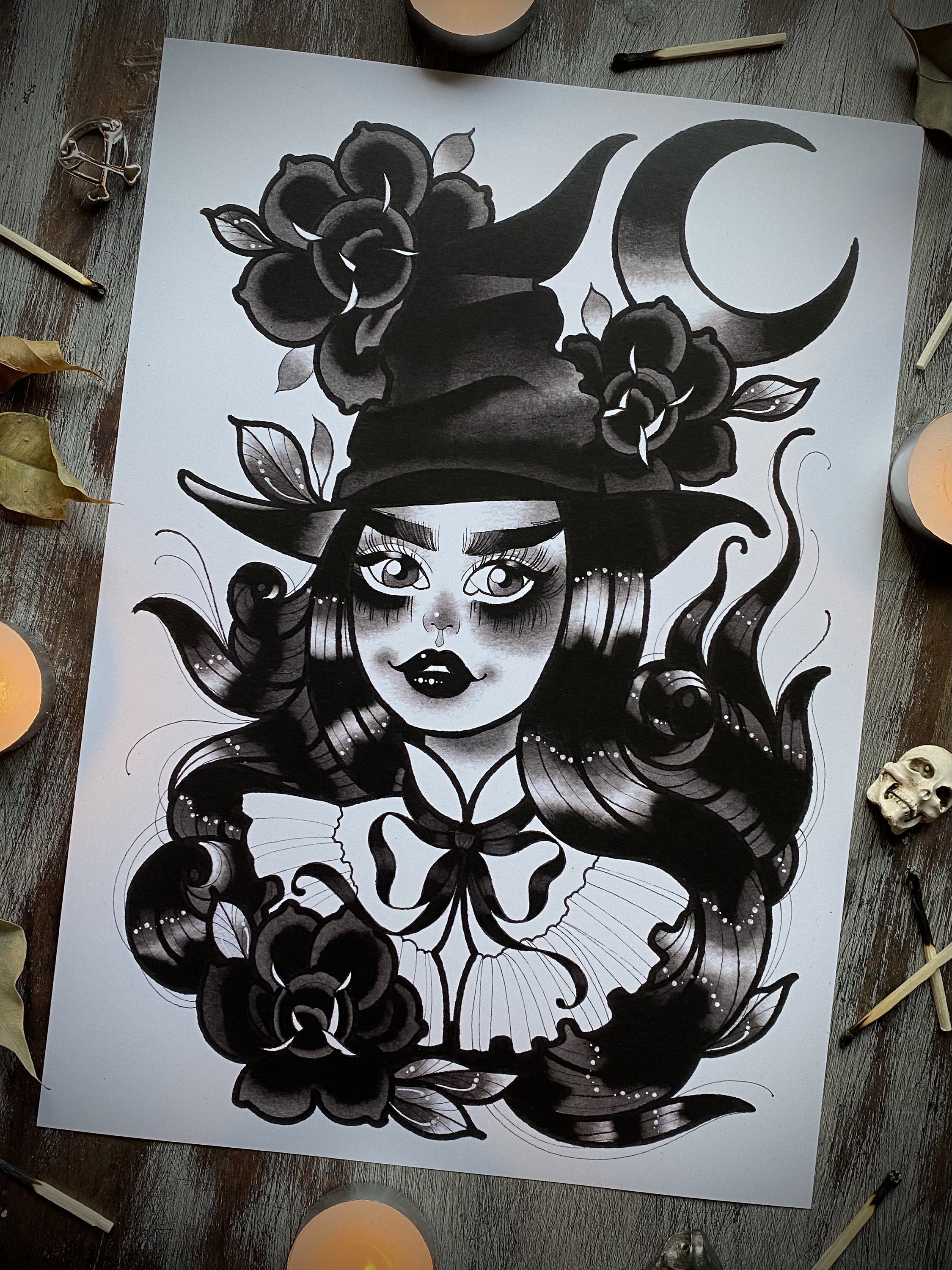 Witch Tattoo Style Illustration Artwork Print Etsy
