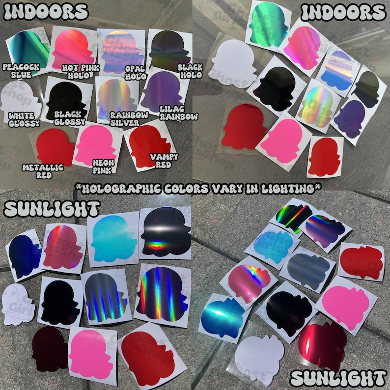 May include: A collection of colorful die-cut stickers in various shades, including holographic, under indoor and sunlight conditions. The stickers are in the shape of a stylized face, with text labels indicating the colors.