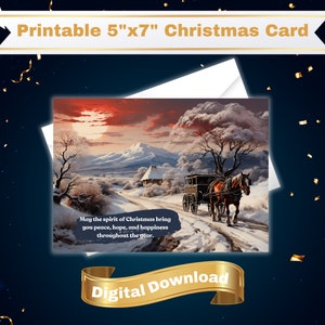 Cartolina di Natale / Download istantaneo stampabile / Cartolina di Natale digitale / Carrozza trainata da cavalli / Paesaggio innevato