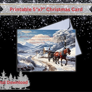 Cartolina di Natale / Download istantaneo stampabile / Cartolina di Natale digitale / Carrozza trainata da cavalli / Paesaggio innevato