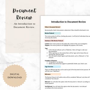 May include: A digital download document titled "Document Review" with the subtitle "An Introduction to Document Review." The document includes an introduction, review protocol, and examples of purposes. A tan circle with "DIGITAL DOWNLOAD" is in the lower left.