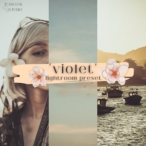 Puede incluir: Una ilustración digital de una flor con el texto 'violet' Lightroom preset. La imagen está dividida en tres secciones, con la cara de una mujer a la izquierda, una escena de puesta de sol a la derecha y un fondo azul claro en el medio.