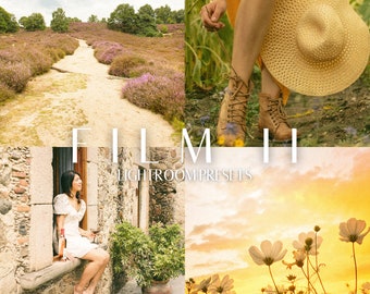 May include: A set of Lightroom presets called "Film" with a vintage aesthetic. The presets are designed to give photos a warm, faded look. The image shows a woman wearing brown boots and a straw hat, a woman standing in a field of purple flowers, and a woman standing in a doorway with a glass of wine.