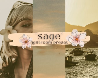 Peut inclure: Une illustration numérique d'une fleur sur un fond pêche avec le texte 'sage' Lightroom preset.