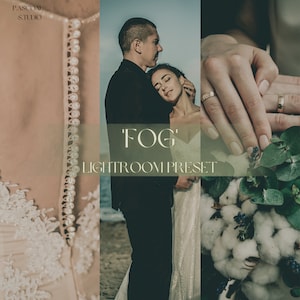 May include: A wedding couple poses for a photo in front of a beach with a blurred background. The bride is wearing a white lace dress and the groom is wearing a black suit. The text 'FOG' and 'LIGHTROOM PRESET' is displayed on a green background.