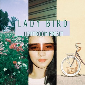 Puede incluir: Imagen compuesta con una mujer, flores y una bicicleta. El texto "LADY BIRD LIGHTROOM PRESET" está presente. La imagen tiene una estética vintage, posiblemente relacionada con la fotografía o la edición de fotos.