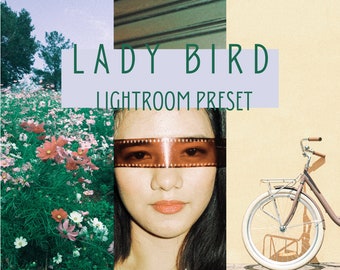 Peut inclure: Image composite avec une femme, des fleurs et un vélo. Le texte "LADY BIRD LIGHTROOM PRESET" est affiché. L'image a une esthétique vintage, possiblement liée à la photographie ou à la retouche photo.