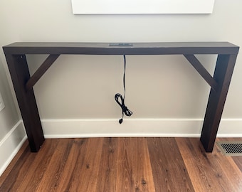 Customizable Narrow Wood Powered Console Table for Behind the Couch with Power Receptacle Two Plugs Two USB-A port Free Shipping