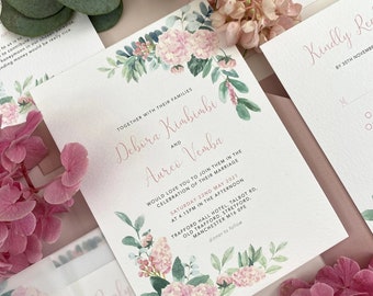 Wild Pink Flower Wedding Invitations, Pink Floral Wedding Invites, Rustic Wedding