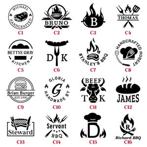 Op de afbeelding: Een verzameling zwart-witte logo's met een BBQ- en grillthema. Ontwerpen omvatten een biefstuk, een grill, vlammen, een hamburger, een koe, brood en tekst zoals "Michael", "Bruno", "Thomas" en "Brian Burger".