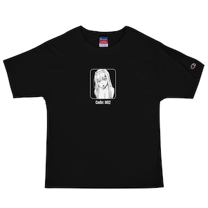 May include: Black t-shirt featuring a white graphic of an anime character with the text "Code: 002" underneath.