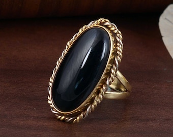 Black Obsidian Brass Ring: Minimalist Gemstone Midi Ring