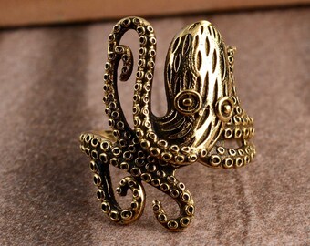 Brass Octopus Ring: Kraken Tentacle Sea Life Jewelry