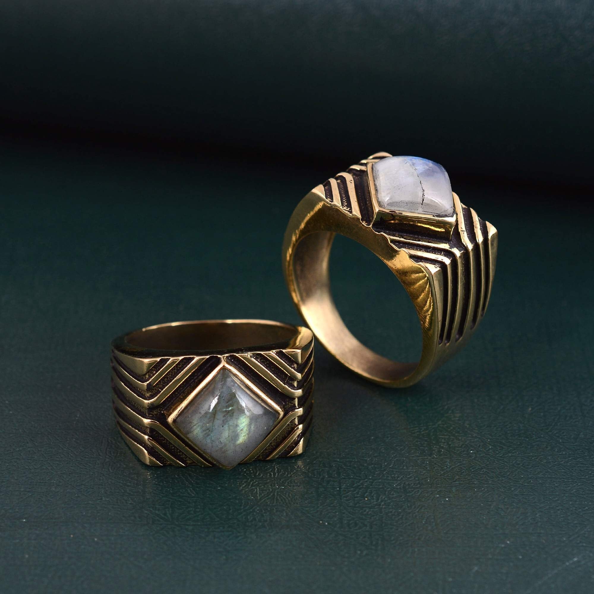 Moonstone Signet Ring: Brass Textured Statement Ring for Men