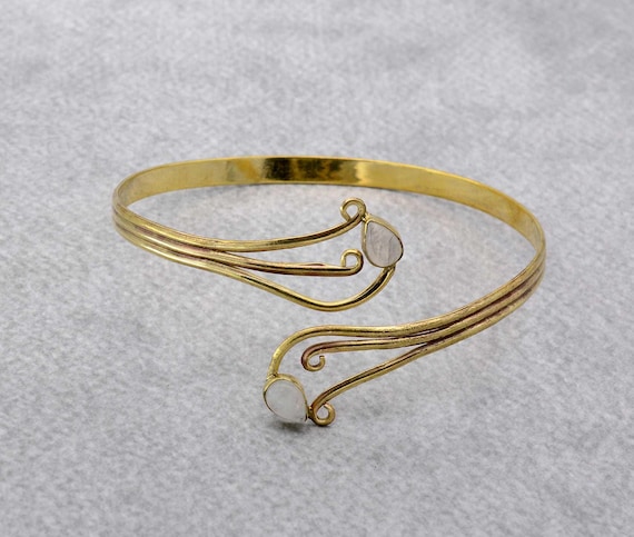 Gold Moonstone Swirl Arm Cuff: Handmade Bohemian Upper Arm Band