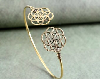 Gold Flower of Life Bracelet, Sacred Geometry Bracelet, Seed of Life Bracelet, Brass Gypsy Festival Boho Jewelry, SUMMER JEWELRY.