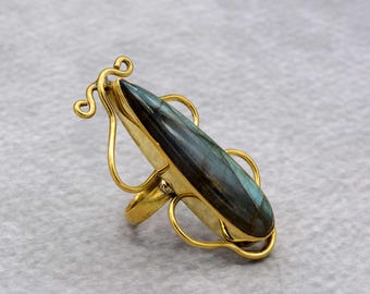 Teardrop Labradorite Statement Ring: Gold Boho Gemstone Ring