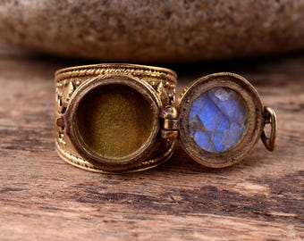 Labradorite Poison Ring, Secret Compartment Ring, Secret Poison Ring, Pill Box Ring, Halloween Box Ring, Secret Massage ring, gift for her.