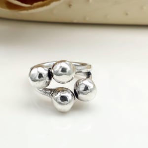 Chunky Four Balls Ring: Adjustable Silver Open Cuff