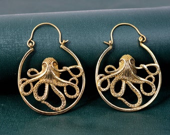Handmade Brass Octopus Hoop Earrings: Nautical Sea Life Jewelry.