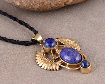 Golden Talisman Necklace, Lapis Lazuli Scarab Pendant, Bohemian Jewelry.