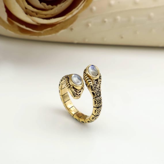Handmade Brass Snake Ring: Adjustable Moonstone Serpent Jewelry