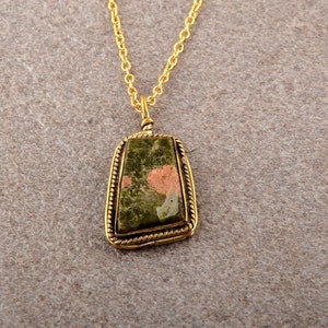 Unakite Pendant: Brass Healing Crystal Necklace