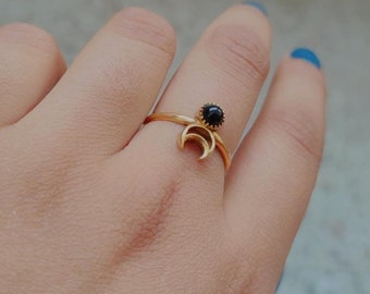 Half moon ring, Obsidian Boho ring, wedding ring, Valentine Gift For Love, stacking ring, women&#39;s ring, minimalist ring, Sale.