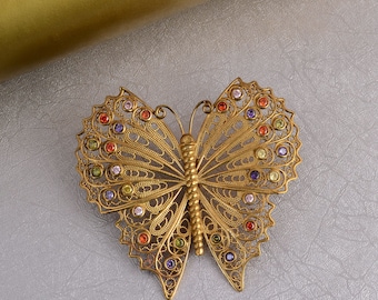 Vintage Gold Butterfly Brooch, Multi-Color Rhinestone Enamel