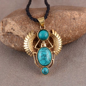 Gold Turquoise Scarab Pendant: Boho Third Eye Necklace