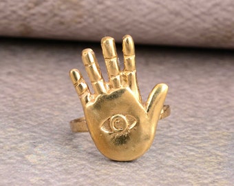 Hand van Fatima Ring, sierlijke stapelbare beschermingsring, Hamsa boze oog gouden ring, zegenende handring, cadeau voor haar.