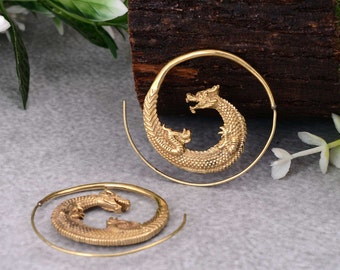 Vintage Spiral Dragon Hoop Earrings, Protective Dragon Earrings, Brass Festival Hoops, Ethnic Jewelry, Tribal Earrings, Christmas Gift.