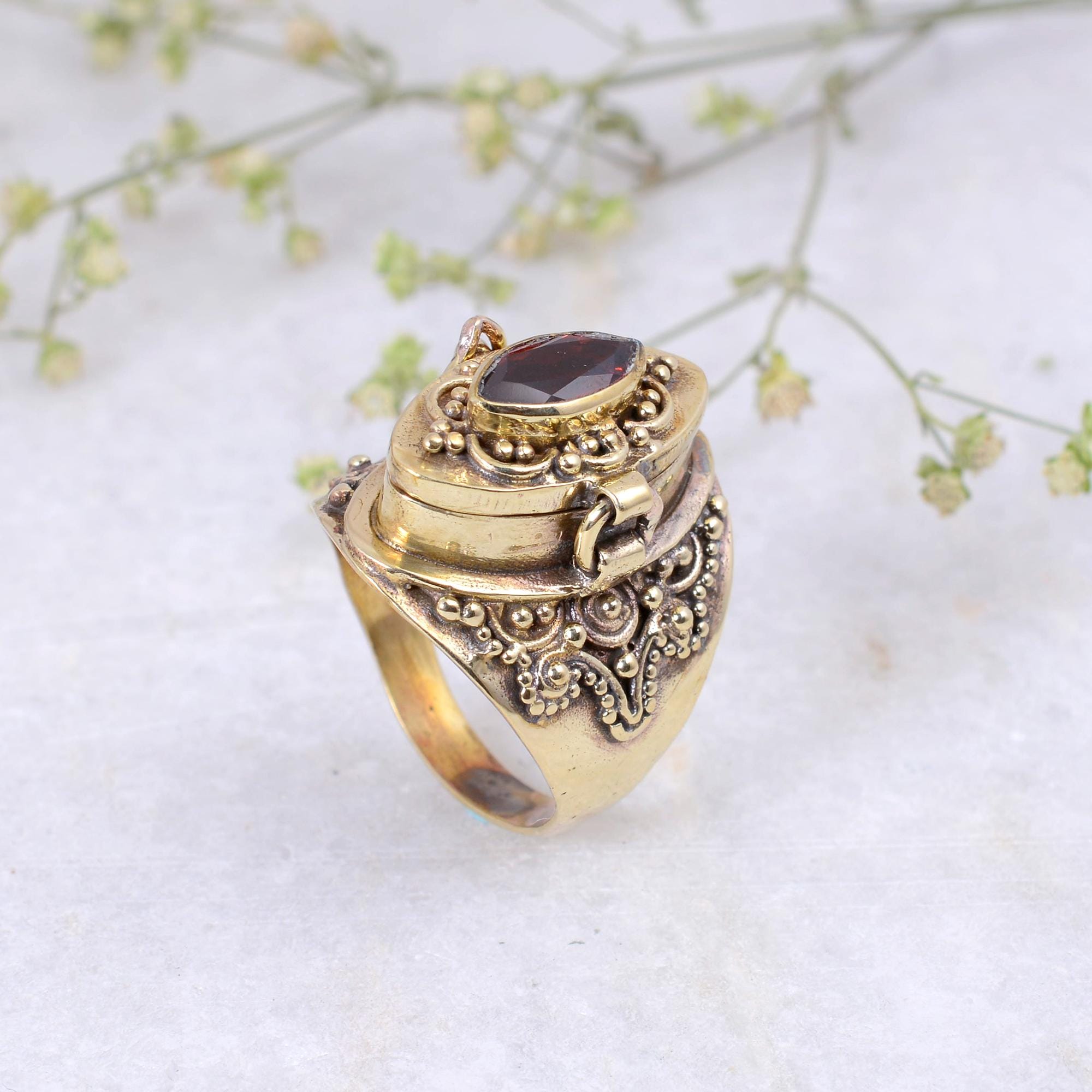 Handmade Brass Secret Compartment Ring: Flower of Life Pillbox