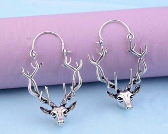 Silver Deer Hoop Earrings, Vintage Reindeer Jewelry