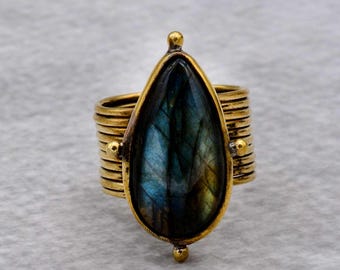 Teardrop Labradorite Statement Ring: Wide Brass Band, Boho Engagement